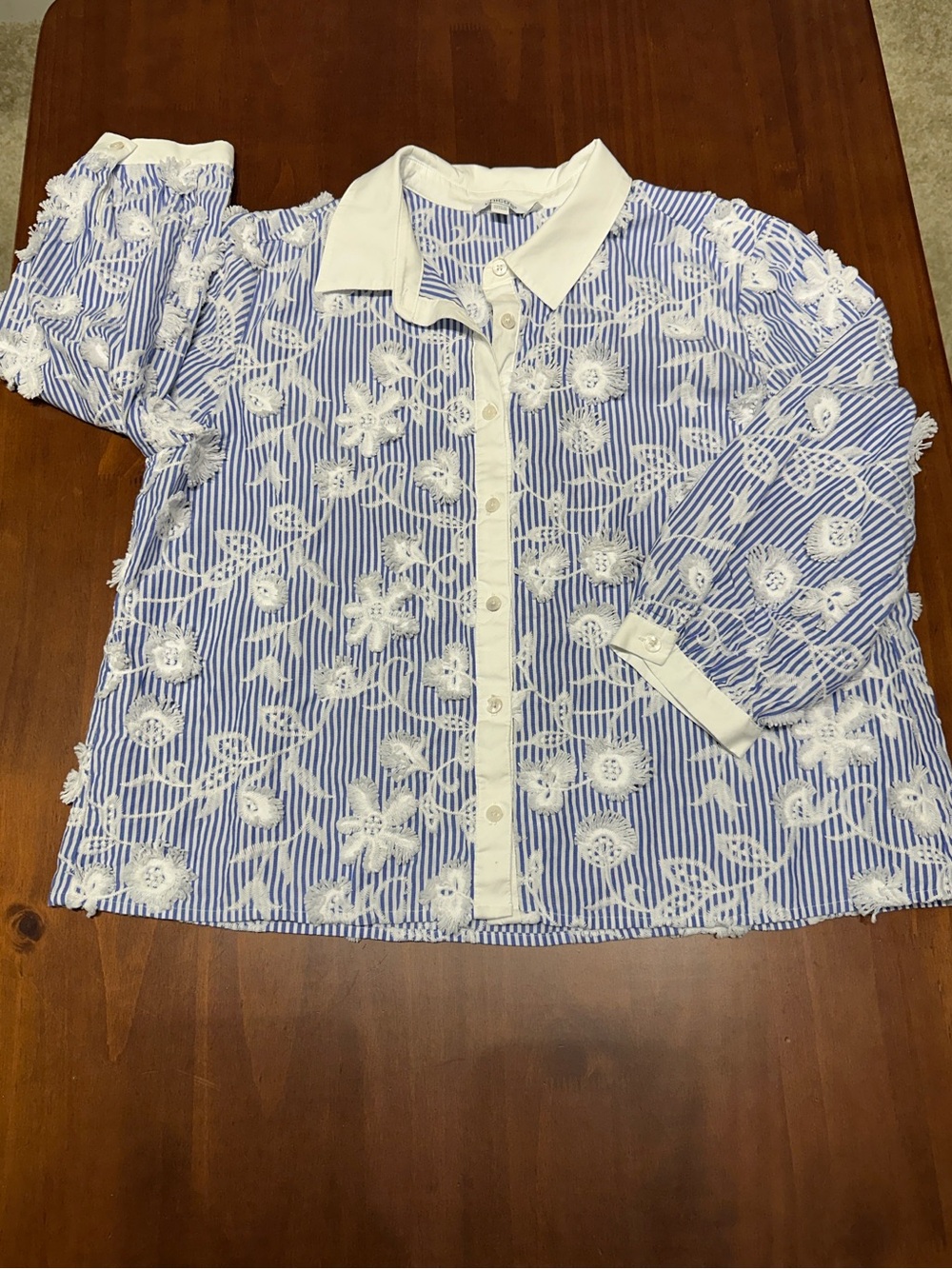 Chico's Blue & White Striped Floral Eyelet Button-Up Top